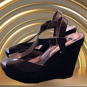 Black Material Girl T-strap Wedge Sandal